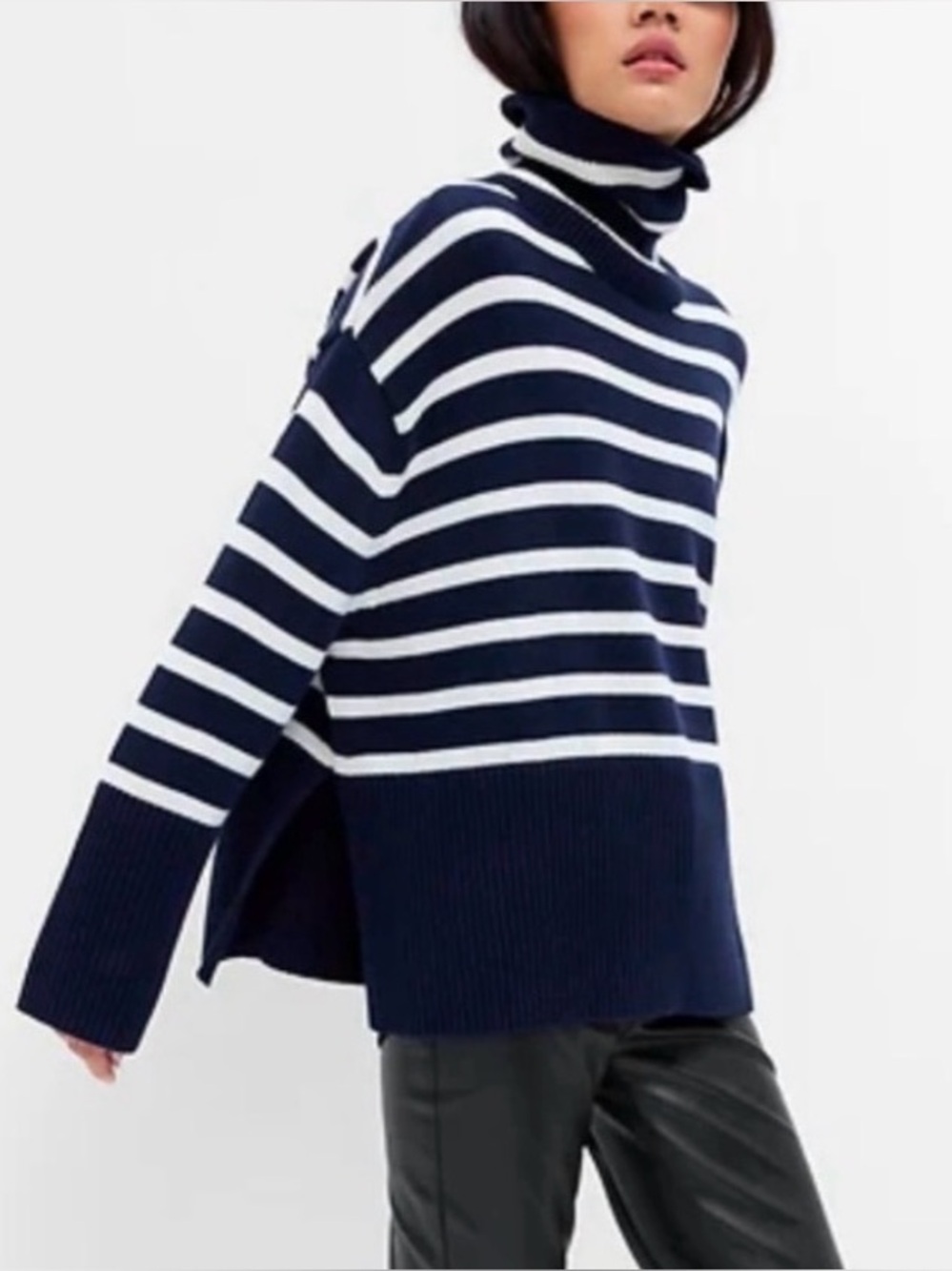 Gap 24/7 Split-Hem Turtleneck Sweater NWT Navy & White Cotton Nautical XL